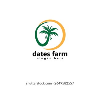 creative dates farm logo, circular date palm tree merges with striped sun logo design inspiration