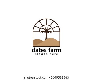 creative dates farm logo, hills with date palms in the middle and striped sun logo design inspiration