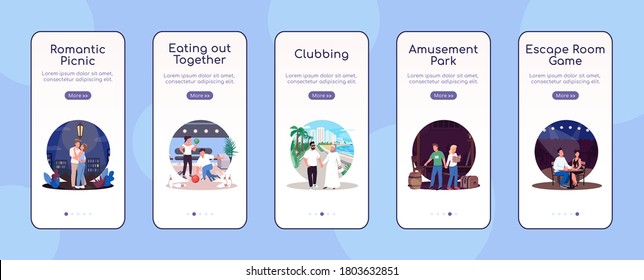 Creative dates onboarding mobile app screen flat vector template. Travel together. Play game. Walkthrough website steps with characters. UX, UI, GUI smartphone cartoon interface, case prints set