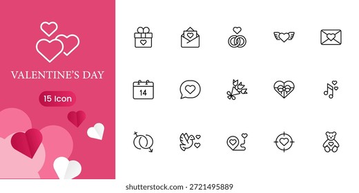 Creative Valentine’s Day icon set with romantic love symbols, elegant vector illustrations for branding, posters, greetings, apps, and web projects.