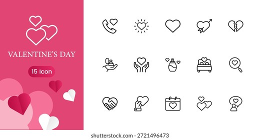 Creative Valentine’s Day icon set with romantic love symbols, elegant vector illustrations for branding, posters, greetings, apps, and web projects.