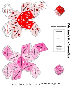 Colección artesanal de papel creativa del Día de San Valentín (Conjunto C) con dos Plantillas de dodecaedro rómbicas distintas. Este Paquete ofrece tanto un juego interactivo como un recuerdo sentimental.
"Romantic Wish Box": Una "Wish Box" interactiva con 12 deseos románticos diferentes y mensajes en sus facetas. Diseñado en vibrantes tonos rojos y blancos, decorado con motivos de corazón, letras de amor e iconos de "corazón perforado".
"12 Reasons Why I Love You": Una caja de recuerdo romántica clásica en estéticos tonos rosados. Cada una de las 12 caras rómbicas presenta una sincera razón para apreciar a su pareja, decorada con delicados iconos del corazón.
Una forma lúdica y decorativa de celebrar el amor. Perfecto como regalo sorpresa o una decoración de mesa con estilo (centro de mesa) para el día de San Valentín. El archivo incluye una leyenda clara con líneas de corte, líneas de pliegue y solapas de pegamento, junto con iconos estilizados en 3D para su visualización. Todo el texto se convierte en curvas (delineadas) para una compatibilidad perfecta. Fuente utilizada: Open Sans (Bold).