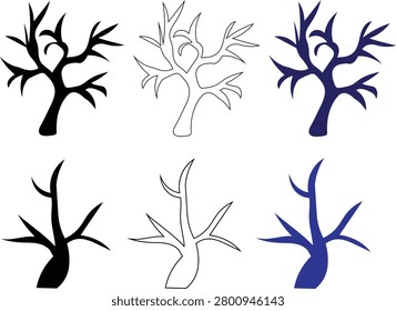 Creative dead tree vector illustration collection designed for halloween celebrations. Set includes black silhouette and outline line art styles perfect for seasonal holiday graphic design projects.