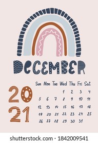 Creative December 2021 calendar decorated with rainbow and quote in Scandinavian style for nursery room decor, prints, posters, planners, agenda, etc. EPS 10 