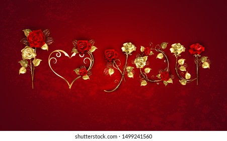 Creative declaration of love from jewelry, gold and red roses with golden straight stems on textured background.