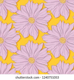 Creative decoration violet yellow nature print. Beautiful cute flower bloosom texture pattern. Fashion surface background. Spring fabric, textile. Vector background