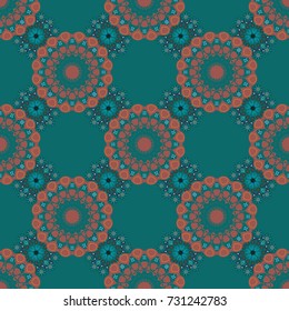Creative decoration for wallpaper, clothes, textile. Vector illustration. Abstract vector background with mandalas. Unique geometric bright swatch in orange, blue and red colors.
