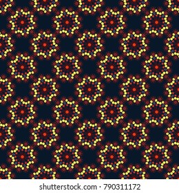 Creative decoration for wallpaper, clothes, textile. Unique geometric bright swatch in orange, black and brown colors. Vector illustration. Abstract vector background with mandalas.
