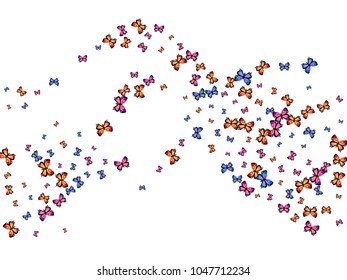 Creative decorative butterfly silhouette kite texture on white. Wildlife butterfly hover theme vector in pink, violet, red, blue and purple colors. Repeating insect soar backdrop for interior.