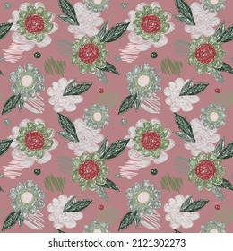 Creative decorative flowers seamless pattern. Doodle botanical texture. Chalk flower background. Design for fabric, textile print, wrapping, cover. Simple vector illustration