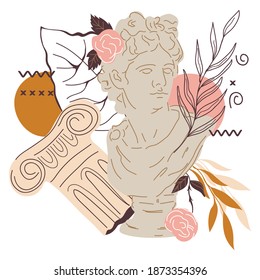 Creative decorative image and statue Greek god Apollo   plants  flat vector illustration isolated white   Ancient Greek sculpture decorated and leaves   abstraction for cards   t  shirts 