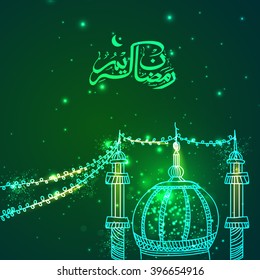 Creative decorative Mosque with Arabic Islamic Calligraphy of text Ramadan Kareem on shiny green background.