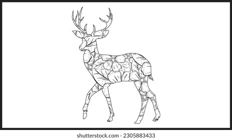 Creativa página de libro de colorear animales de ciervo con motivos florales, elegante decoración aislada de página de color animal de ciervo con motivos florales..