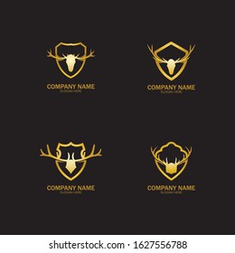 Creative Deer Golden Shield Logo Design Symbol Vector Illustration.