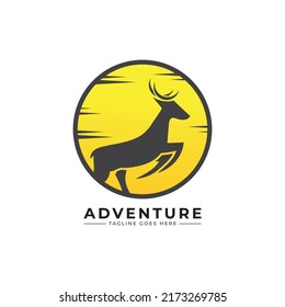 creative deer and mountain,sun logo vector illustration