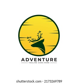 creative deer and mountain,sun logo vector illustration