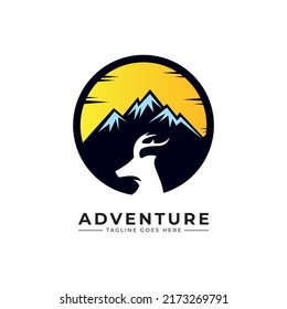 creative deer and mountain,sun logo vector illustration