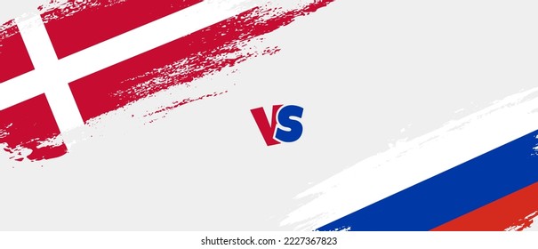 Ilustración de la bandera de la escoba de Dinamarca creativa vs Rusia. Estilo de pincel artificial dos indicadores de país fondo de relación