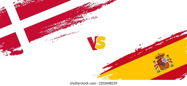 Creative Denmark vs Spain brush flag illustration. Artistic brush style two country flags relationship background