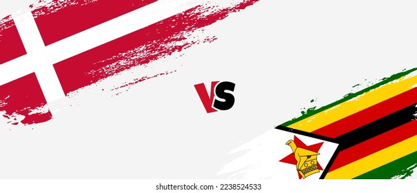 Creative Denmark vs Zimbabwe bürstet die Flagge. Zwei Länderflaggen im Stile eines künstlerischen Pinsels, Hintergrund
