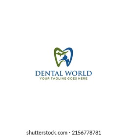 Creative dental logo design concept with tooth silhouette earth and water illustration for medical or healthcare brand identity