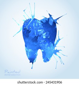 Creative Dental Logo Design. Vector Illustration. Tooth Painted with Blue Watercolor Splashes. 