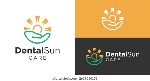 Creative dental sun logo template. Hand with sun and teeth logo design vector illustration.