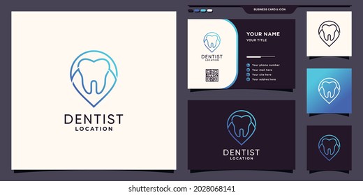 Creative dentist location logo with pin point line art style and business card design Premium Vector