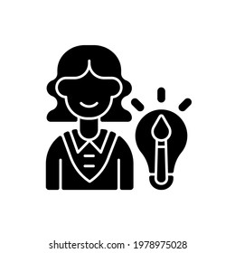 Creative department black glyph icon. Generating ideas. Creating brand image for company. Art direction and copywriting. Artist, writer. Silhouette symbol on white space. Vector isolated illustration