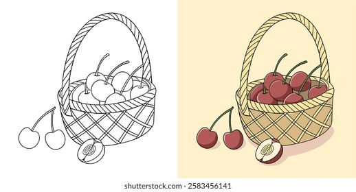 Creative depiction of a basket filled with cherries illustrated in line art and colored styles