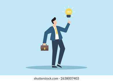 A creative depiction of a businessman with a briefcase celebrating the moment of inspiration with a lightbulb. The image represents innovation, motivation, and success in a professional context.