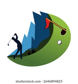 Creative depiction of a golf theme with a silhouette, red flag, golf ball, and mountain landscape. Ideal for logo, brand etc