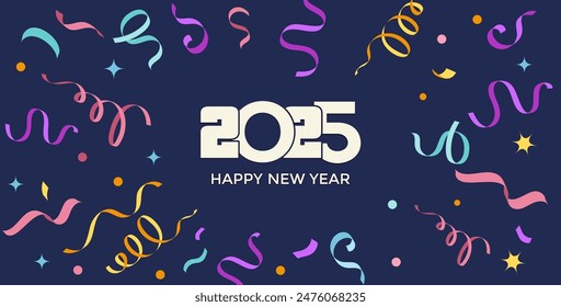 Diseño creativo para 2025 Feliz Año Nuevo Concepto de celebración, Anuncio con una Variedad de confeti colorido y 2025 Logo diseño de texto