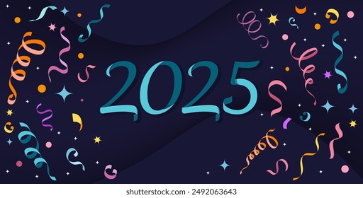 Creative Design to 2025 Happy New Year Celebration Concept, Banner with a Variety of colorful confetti and 2025 Logo text design