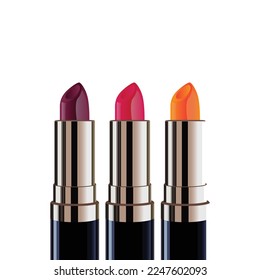 Creative design 3D lipstick color set. Purple lipstick, pink lipstick, orange lipstick.