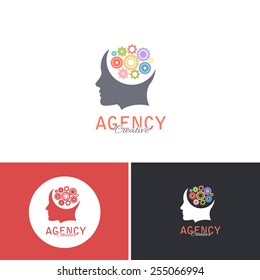 Creative Design Agency, Wheels Brain and Human Profile Symbol Style Vector Icons, Logos, Sign Template