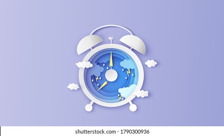 Creative design for Alarm clock in Rainy season. Graphic design for Rainy season. paper cut and craft style. vector, illustration.