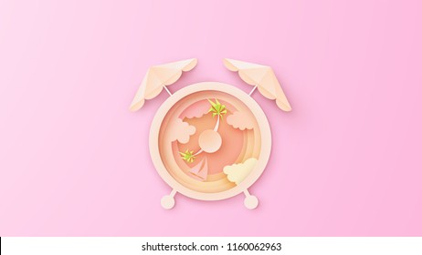 Diseño creativo para reloj Alarm con vistas al mar en la mañana amanecer. Diseño de reloj de alarma para el Mar en verano. corte de papel y estilo artesanal. vector, ilustración.