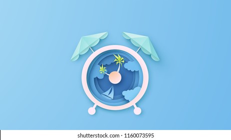 Diseño creativo para reloj Alarm con vistas al mar a mediados de la mañana. Diseño de reloj de alarma para el Mar en verano. corte de papel y estilo artesanal. vector, ilustración.