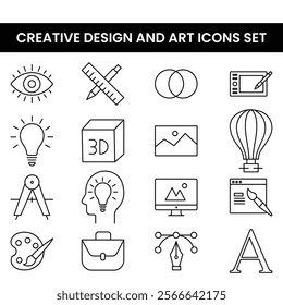 Creative design and art icons set featuring pencils, paintbrushes, 3D shapes, camera, and palettes. Perfect for graphic design, art projects, branding, digital media, and creative visual themes.