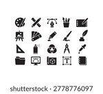 Creative design and art tools icon set with pen tool color swatch paint tube ink pen feather quill triangle ruler spray can color wheel computer monitor text blueprint notebook