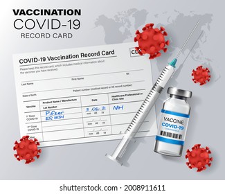 Creative Design Banner For Coronavirus Vaccination Record Card. Covid-19 Corona Virus Vaccination With Vaccine Bottle And Syringe Injection Tool For Covid19 Immunization Treatment. Vector 