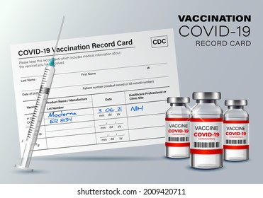 Creative Design Banner For Coronavirus Vaccination Record Card. Covid-19 Corona Virus Vaccination With Vaccine Bottle And Syringe Injection Tool For Covid19 Immunization Treatment.