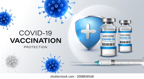 Creative design banner for Coronavirus vaccine Protection background. Covid-19 corona virus vaccination with vaccine bottle and syringe injection tool for covid19 immunization treatment. Vector.