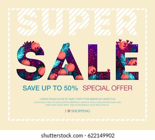 Creative design banner with leaves and flowers for super sale offers.
