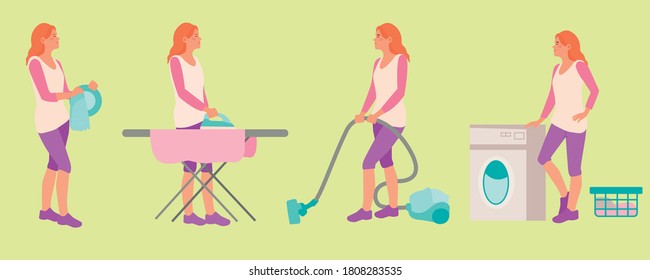 Hausfrau saubere Haus, die Wäsche in die Waschmaschine, Bügelkleidung, wischt einen Teller. Die Mädchen wäscht das Geschirr, die Vakuen.
Hausreinigung, Vektorgrafik-Set. Design-Logo