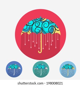 Diseño creativo de un hermoso paraguas con gotas de lluvia. Elegante y pegajoso conjunto de colores rojo, azul, verde y azul celeste para la temporada del Monzón. 