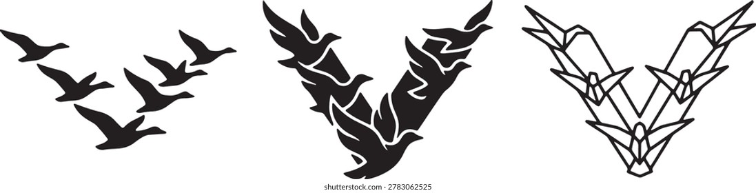 Creative design with birds forming letter V, symbolizing victory and freedom, alongside decorative variations.