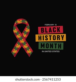 Creative Design of Black History Month February 2025 with Solidarity Ribbon Illustration. February is Black History Month in United States Typography. Vector Illustration