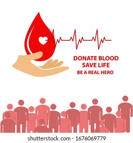 Diseño creativo de una gota de sangre y el símbolo de la mano con el latido del corazón, forma del corazón y línea de vida en un diseño muy atractivo con algunos íconos de la gente.